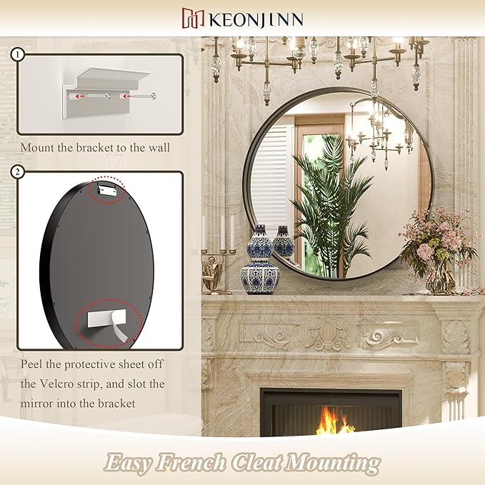 Keonjinn Black Round Mirror 36 Inch, Brushed Black Framed Circle Mirror for Bathroom, Aluminum Alloy Metal Frame, Modern Farmhouse Decorative Wall Mirror for Entryway, Living Room