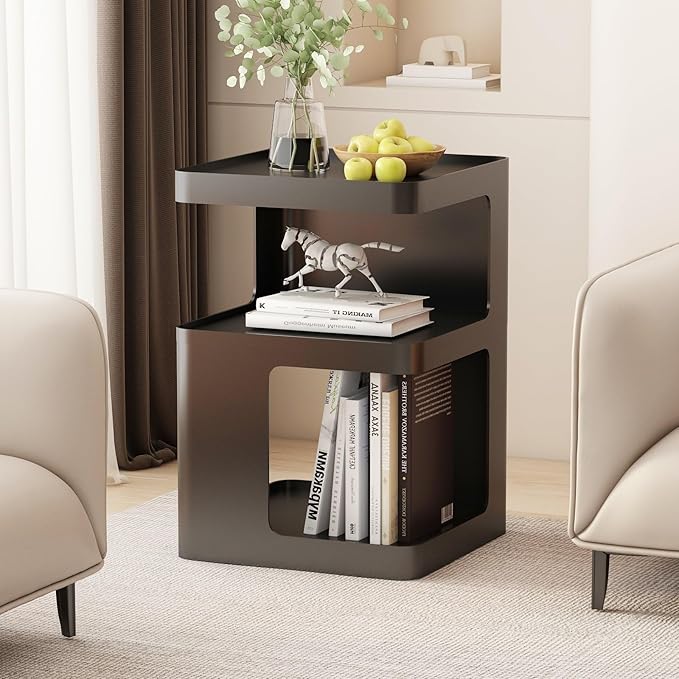 Black Modern Side Table, 3-Tier Metal NightStand with Storage, End Table Living Room, Small Night Stand for Bedroom, Bedside Table for Small Space, No Assembly Required