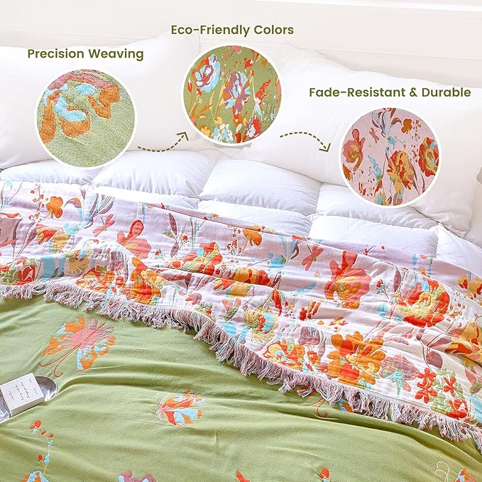 MSGKV Boho Throw Blanket 90"x90" Floral 100% Cotton Blanket - Image 3