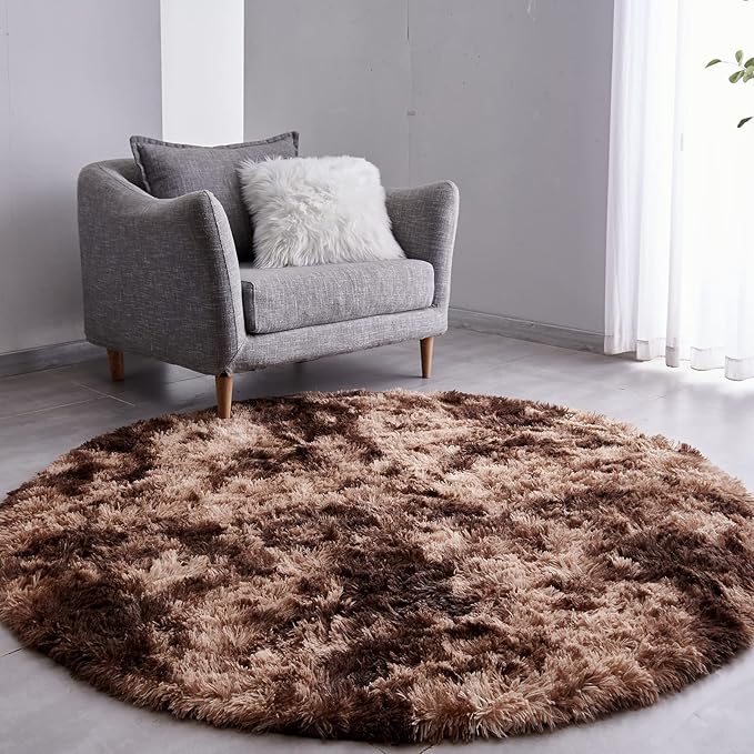 FJZFING Tie-Dyed Coffee Round Rug Ultra-Soft Plush Modern 7x7 Circle Area Rug for Kid's Bedroom, Fluffy Shag Circular Rug for Nursery Room, Non-Slip Home Decor Carpet for Teen's Room