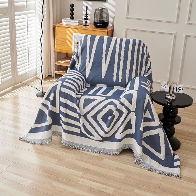 STACYPIK Jacquard Blue Geometric Sofa Cover Thick Soft Boho Couch Covers for 1 Cushion Couch Dogs Cats Furniture Protector Cover Reversible Armchair Cover for Pets Dog Cat Sofa Throw Cover-71X71IN