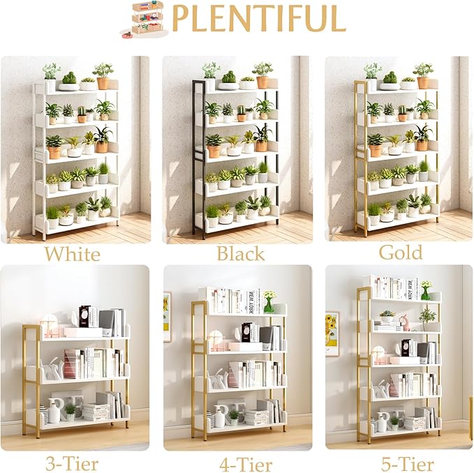 Wide Open Shelf Bookcase - Modern 5-Tier Floor Standing Display Bookshelf with Top Edge for Home and Office, Storage Shelving in Warm White with Gold Frame