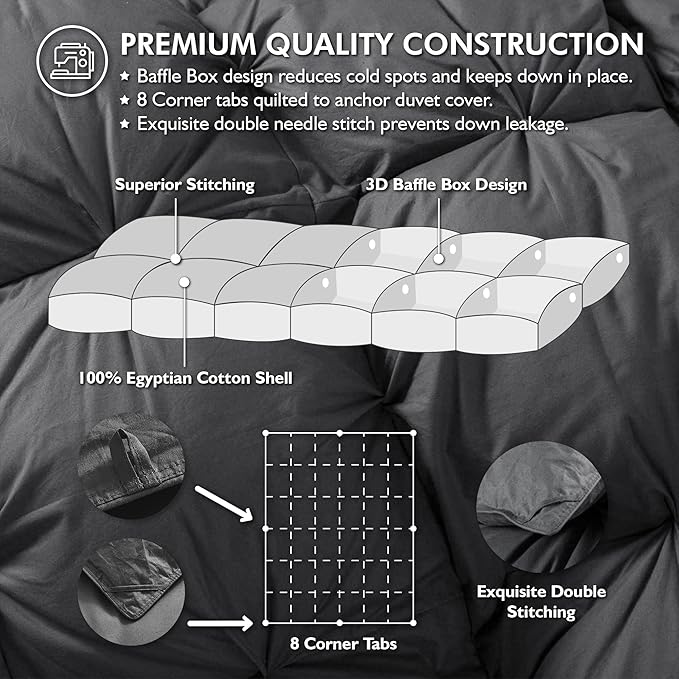 Luxurious Goose Down Feather Fiber Comforter Palatial King Size Duvet Insert, Pinch Pleat Ruffled Twisted Flower, 120 x 98 inches, 100% Egyptian Cotton Cover, 85 oz. Fill Weight, Gray