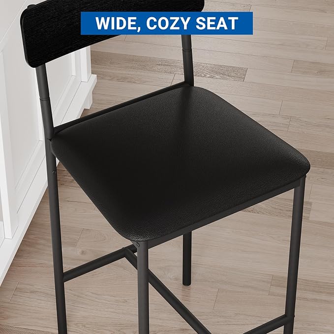 GarveeHome Bar Stools Set of 2, Upholstered Counter Height Bar Stools with Backrest and Footrest, Kitchen Barstools for Island, Counter Bar, Easy Assembly, Rustic Black