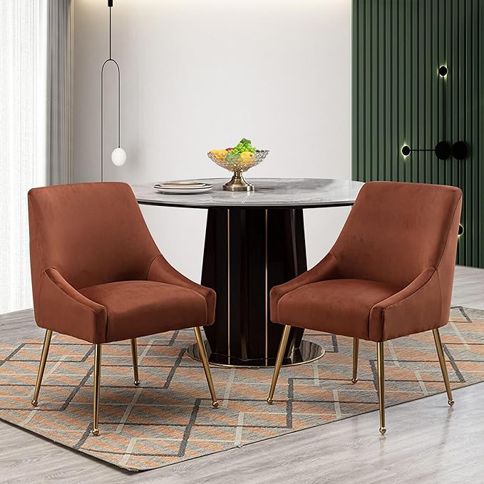 Modern Velvet Dining Chairs Set of 2, Contemporary Upholstered Furniture Collection with Polished Gold Metal Legs, Elegant Accent Chairs for Kitchen Living Room(Brown)