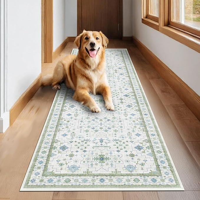 Oushak 3x12 Wide Hallway Runner Rug - Vintage Turkish Floral, Washable Low Pile Non Slip 12ft Long Runners for Large Kitchen, Hall Way - Light Blue and Green
