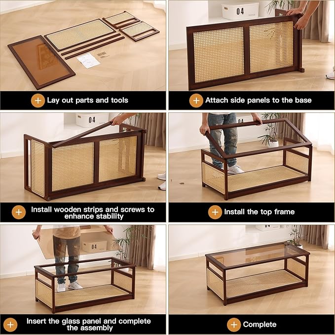 Welnow Rattan Coffee Table for Living Room, Modern 2-Tier Rectangle Center Table with Storage Shelf and Glass Top, Mid-Century Boho Furniture for Apartment, 47.5" Walnut