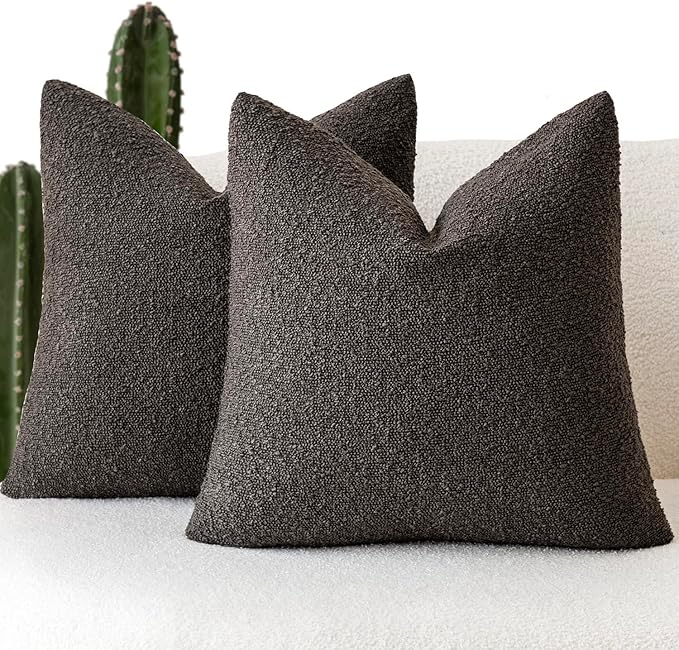 Foindtower Pack of 2 Textured Boucle Throw Pillow Covers Accent Solid Decorative Pillow Cases Cozy Woven Couch Cushion Case for Sofa Bedroom Living Room Home Decor, 20 x 20 Inch,Dark Brown