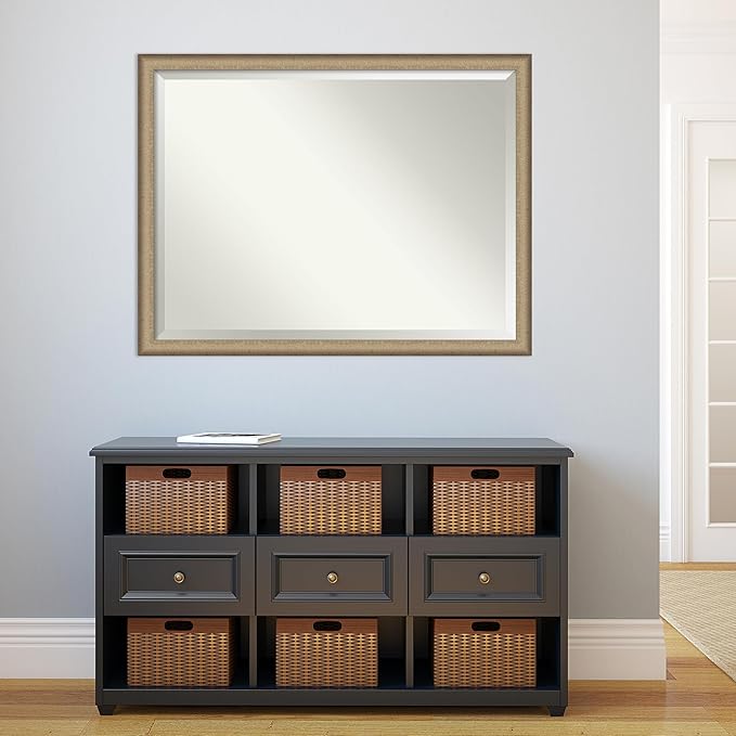Amanti Art Bronze Bathroom Mirror for Over Sink, 33x43 Elegant Brushed Bronze Narrow Rectangle Vanity Mirror, X-Large Casual Frame, Hangs Horizonally and Vertically, Bathroom Wall Decor, Beveled Edge