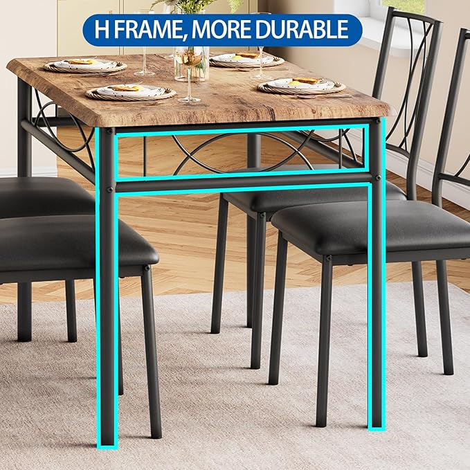 Dining Table Set for 4, Compact Kitchen Table with 4 Upholstered Chairs, 5-Piece Kitchen Table Set for Small Space, Dining Room, Apartment, Retro Brown