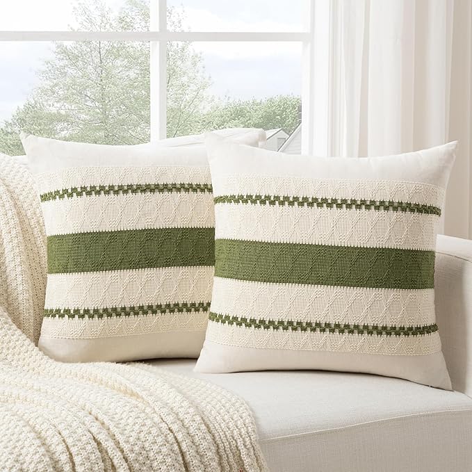 Fancy Homi Set of 1 Boho Moss Green Decorative Throw Pillow Cover 18x18 Inch - Image 2