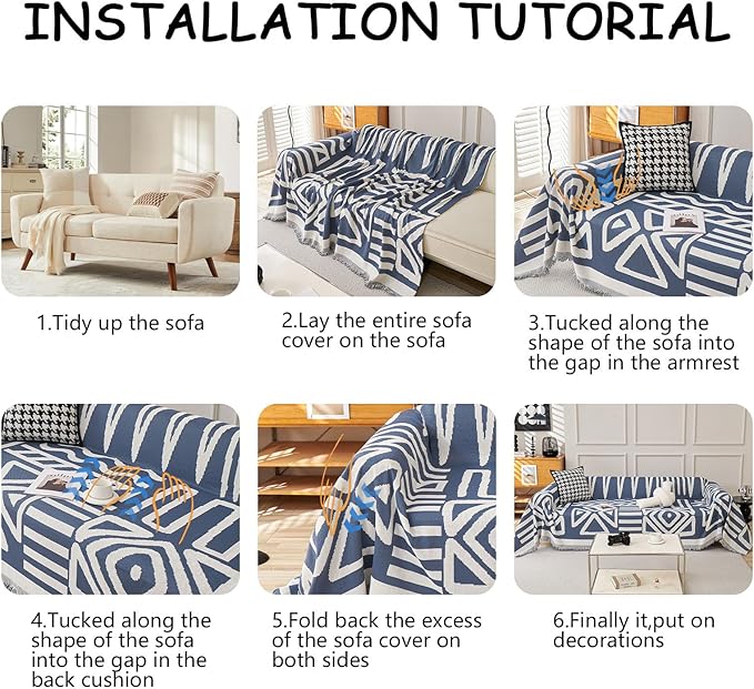 HANDONTIME Boho Chenille Sofa Cover - Denim Blue Reversible Blanket for L Shaped Sectional Couch - Geometric Protector for Dogs, 59" X 71"