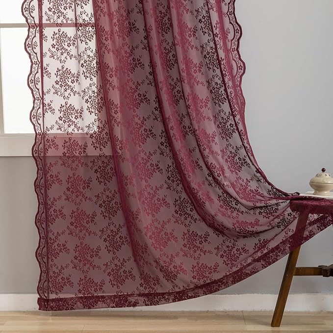 YJ YANJUN Vintage Lace Curtains 90 Inches Long-Victorian Floral Red Burgundy - Image 3