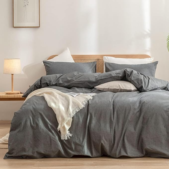 BESTOUCH Duvet Cover Set 100% Washed Cotton Linen Feel Super Soft Comfortable Chic Lightweight 3 PCs Home Bedding Set Solid Dark Grey Oversized Full