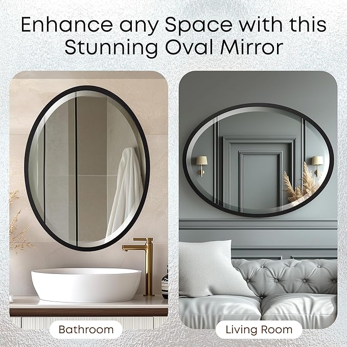 OVALCREST - Oval Wooden Beveled Wall Mirror for Home Decor, Bathroom, Vanity, Bedroom, Living Room, Hallway - London Style (Matte Black) 17.1 x 21.1