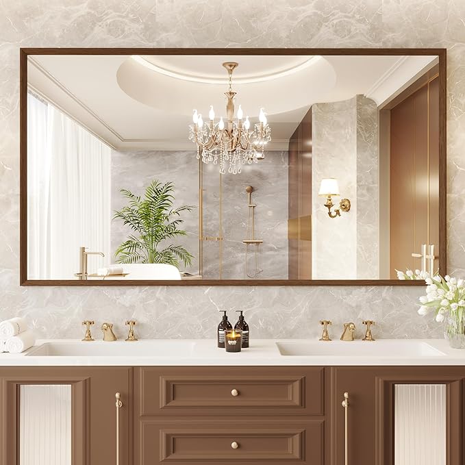 Rectangle Walnut Bathroom Mirror 55x30 Inch, Anti-Rust 4MM Tempered Glass, Modern Vanity Mirror for Bathroom, Horizontal or Vertical Wall Mount
