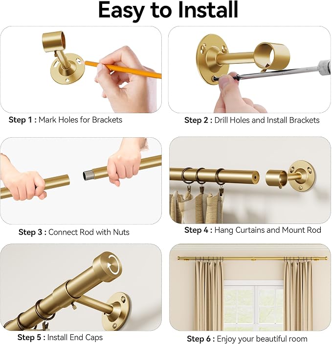 YaFex Heavy Duty Curtain Rods 32-120 Inch, 1 Inch Adjustable Gold Curtain Rod - Image 7
