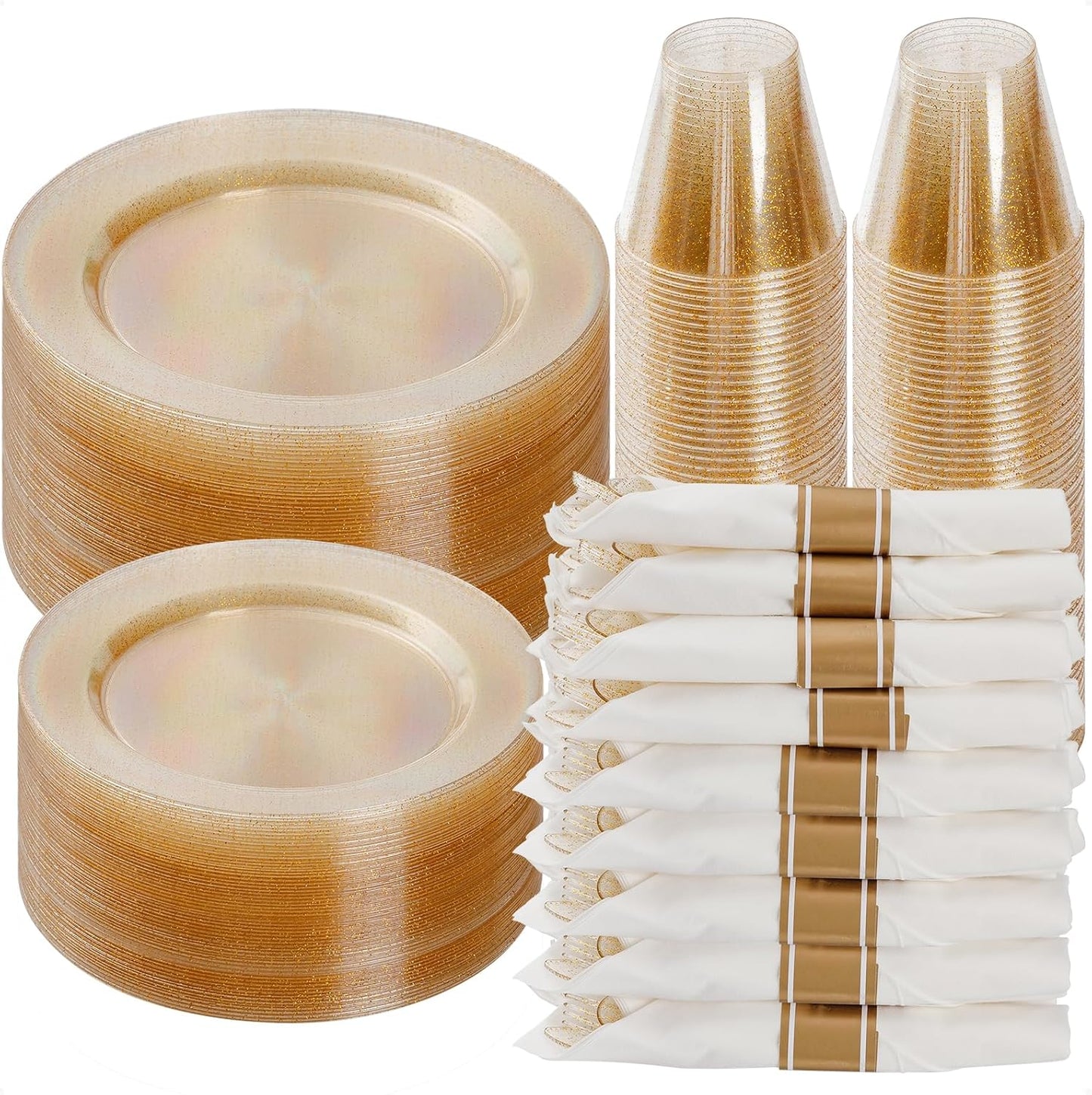 Goodluck 350 Piece Gold Glitter Plastic Dinnerware Set for 50 Guests, Disposable Plates for Party, Include: 50 Dinner Plates, 50 Dessert Plates, 50 Rolled Napkins with Silverware, 50 Cups