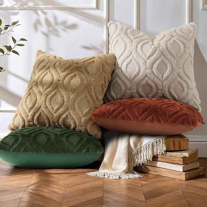 decorUhome Throw Pillow Covers 26x26 Inch Set of 2, Soft Plush Faux Wool Khaki - Image 4