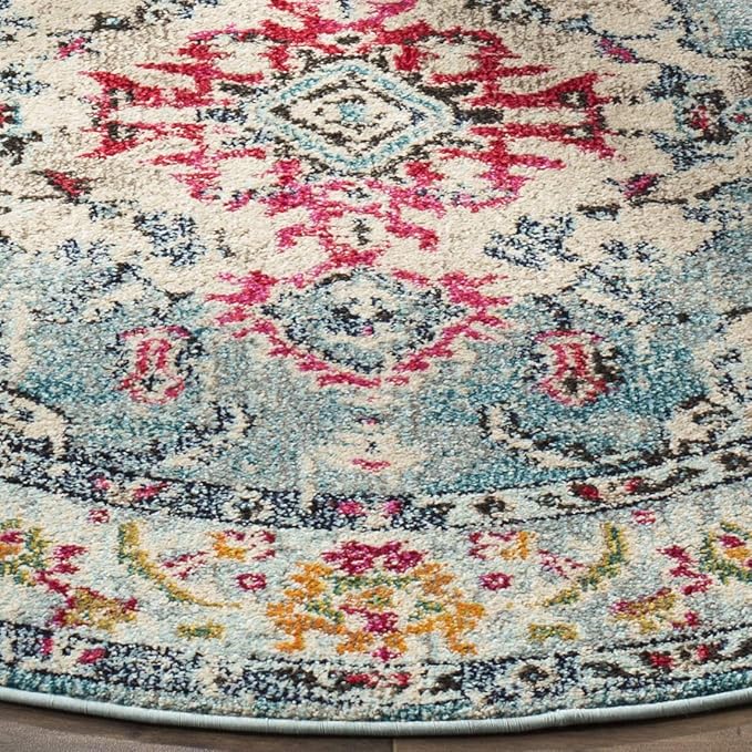 SAFAVIEH Monaco Collection Area Rug - 3' Round, Light Blue & Fuchsia, Boho Chic Medallion Distressed Design, Non-Shedding & Easy Care, Ideal for High Traffic Areas in Living Room, Bedroom (MNC243J)