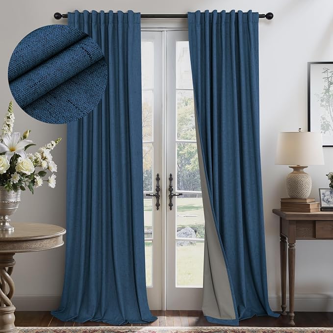 Navy Blue Curtains for Living Room 102 Inch Long 100 Percent Blackout Linen by Pitalk