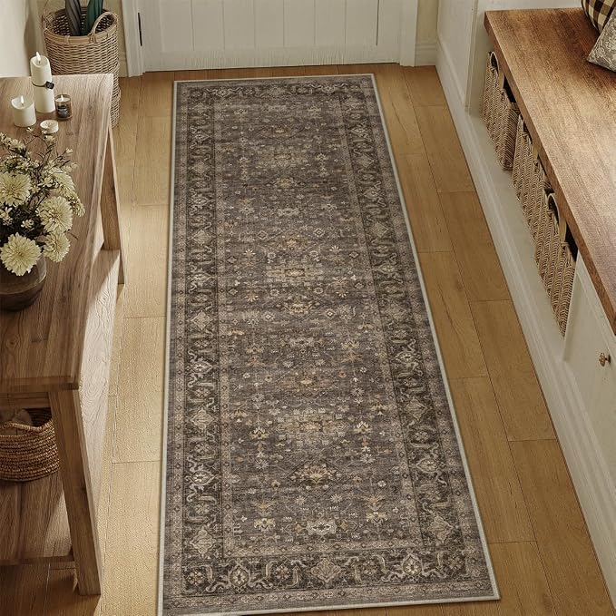 2x6 Washable Runner Rug for Hallway Kitchen Vintage Brown Non Slip Low Pile by WondRg