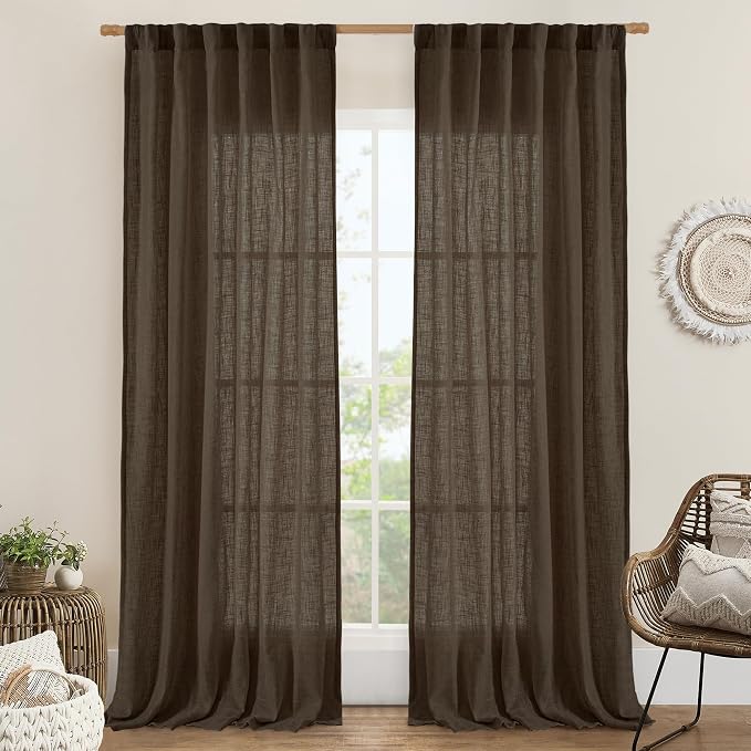 LAMIT Dark Brown Sheer Linen Curtains, 96 inch Light Filtering Semi Sheer by LAMIT