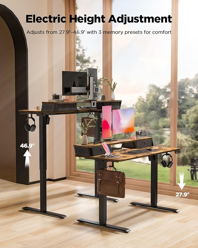 40x24 Inch Standing Desk with Double Drawers,C-Clamp Mount Compatible,Electric Adjustable Height Computer Stand Up Desks, Home Office Sit Stand Table with 3 Preset Heights & Hooks, Rustic Brown
