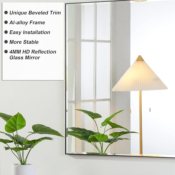 20x40 Inch Black Mirror with Beveled Trim, Aluminum Frame Bathroom Vanity Mirror, Copper-Free Mirror, Rectangle Wall Mounted Mirror, Modern Rectangular Mirror Horizontal or Vertical