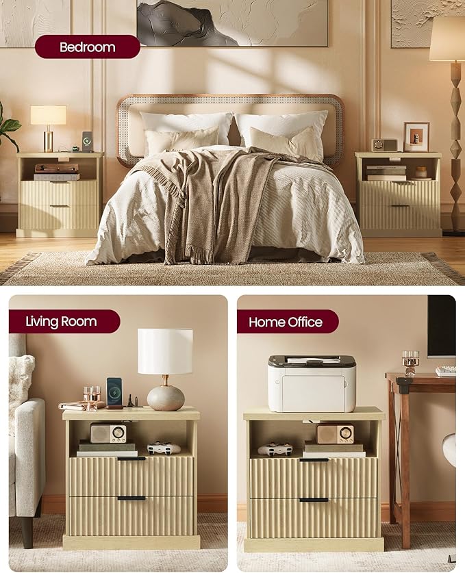 VASAGLE MAXE Collection - Set of 2 Nightstands with Charging Station, Bedside Table, Side End Table with 2 Drawers, Open Shelf, 2 AC Outlets, 2 USB Ports, Transitional, Bedroom, Oak Beige ULET926Y01