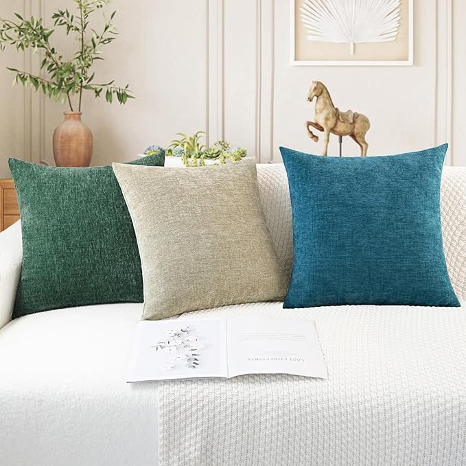 CaliTime Throw Pillow Covers Decorative 18 X 18 Inches Pack of 4 Cozy Chenille Cushion Cases for Couch Sofa Bed Living Room Home Dark Green