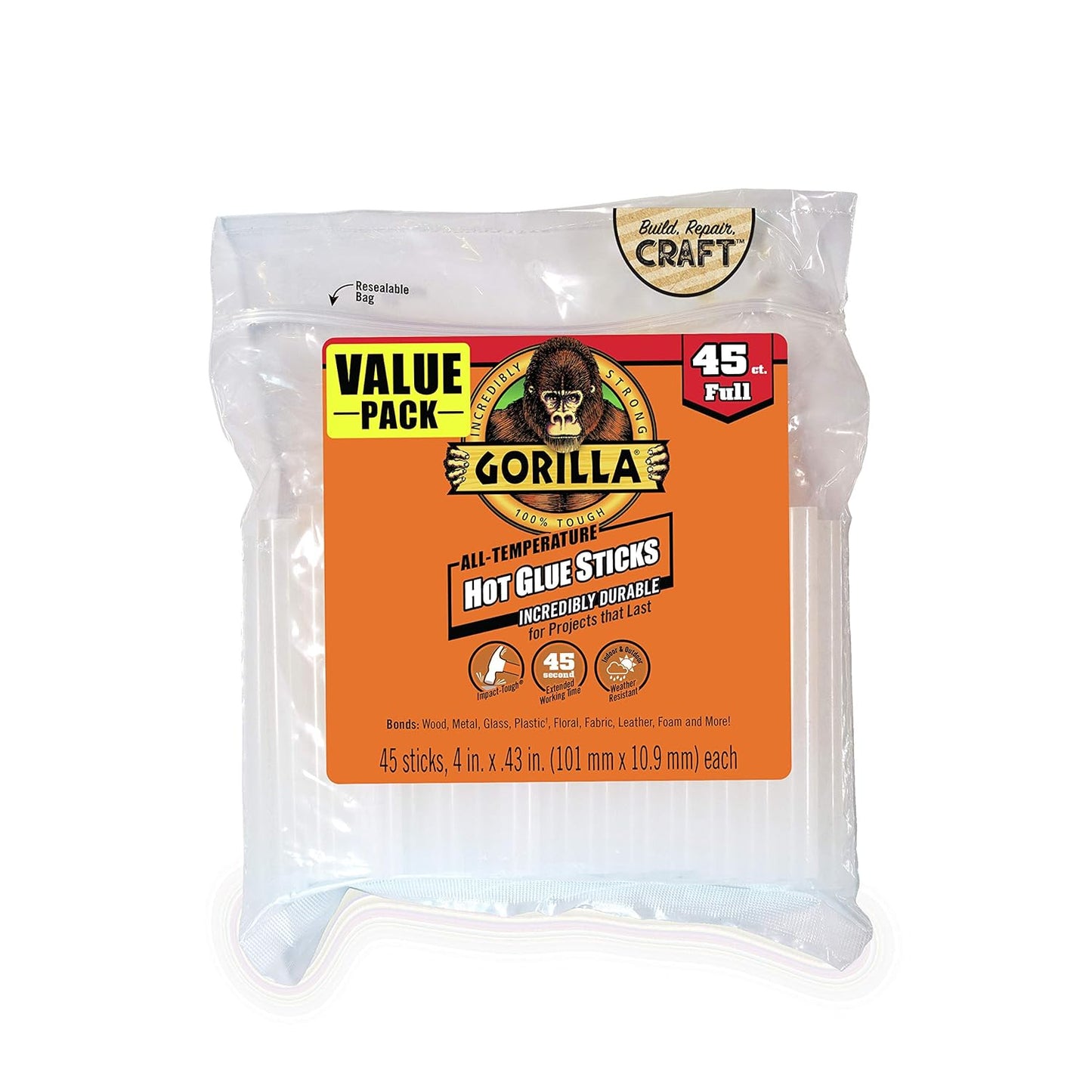 Gorilla Hot Glue Sticks, Clear Glue, Full Size 4" Long x 0.43" Diameter, 45 Count (Pack of 4) - Safe for All Temperatures with Extended Working Time