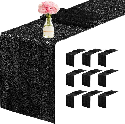 10 Packs 12 x 72 inches Sequin Table Runner, Black Glitter Table Runner for Birthday Party Supplies Wedding Engagement Baby Shower Holiday Celebration Event Decorations