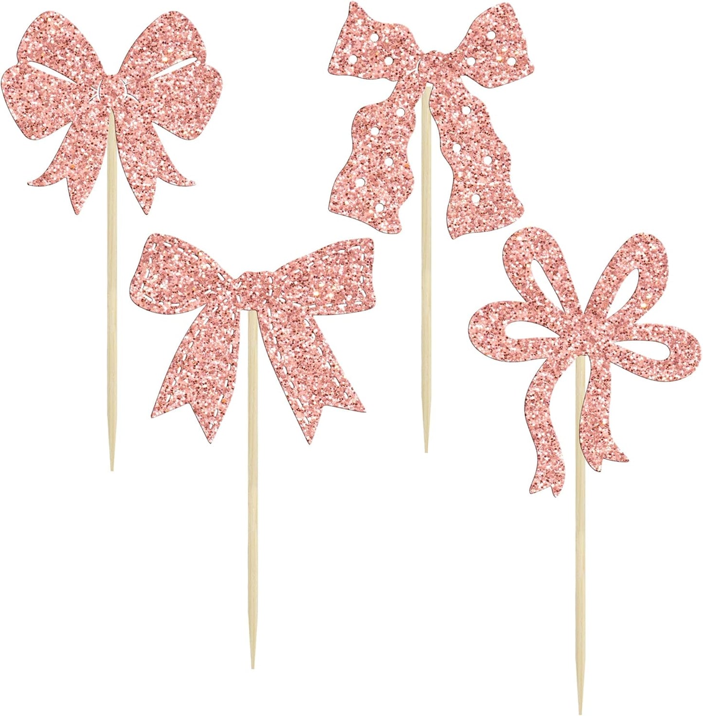 Ephlyn 24Pcs Bow Cupcake Toppers Bow Birthday Cake Topper Girls Birthday Party Decorations Bowknot Cupcake Decorations for Bridal Baby Shower Birthday Wedding Themed Party Rose Gold
