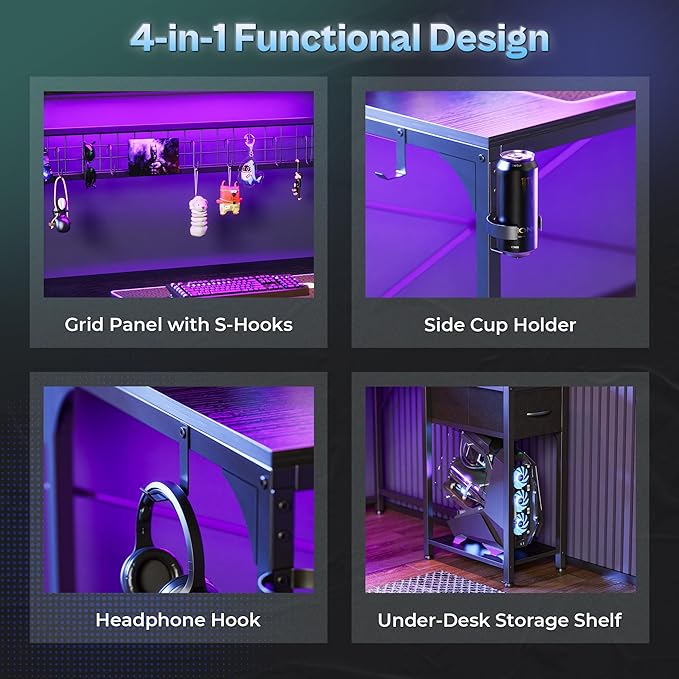 PRAISUN L Shaped Gaming Desk with Shelves, Corner Computer Table with LED Lights, Power Outlets and USB-C Ports, 42 Inch Reversible Home Office Desk with Storage Drawer, for Work and Study, Black