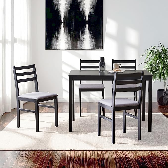 Livinia Seattle Modern Farmhouse Kitchen Dining Room Chair Set of 4, Solid Wood Fabric Upholstered Cushion Seat Wood Ladder Back Chairs (Black)