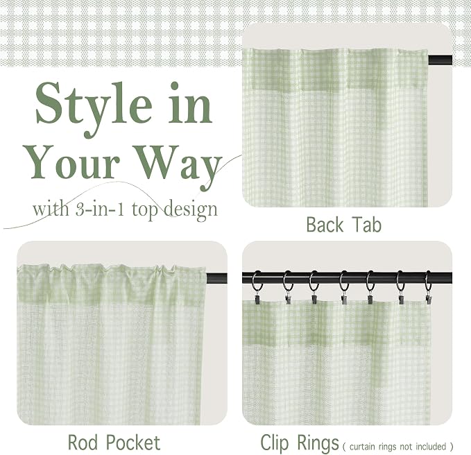 RYB HOME Sage Green Cafe Curtains Rustic Plaid Kithen Tier, Classic Short - Image 2