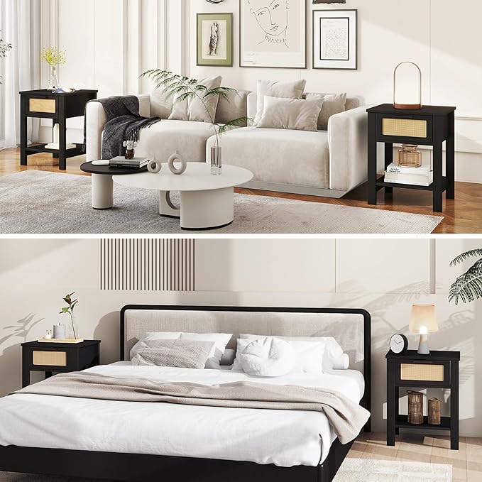 IBUYKE Rattan Nightstand Set of 2, Boho Night Stand with Drawer, Wood Bedside Tables with Storage Shelf, End Table with Legs for Bedroom, Black UWNS011B-2
