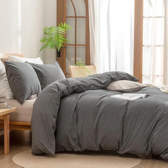 BESTOUCH Duvet Cover Set 100% Washed Cotton Linen Feel Super Soft Comfortable Chic Lightweight 3 PCs Home Bedding Set Solid Dark Grey Cal King