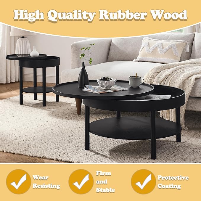 Circular Coffee Table, Living Room Table with 3-Layer 31.5 Inch Storage Rotating Tabletop, 3-Layer Tea Table Made Entirely of Rubber Wood and MDF Board (Black, 31.5"x31.5"x17.75)