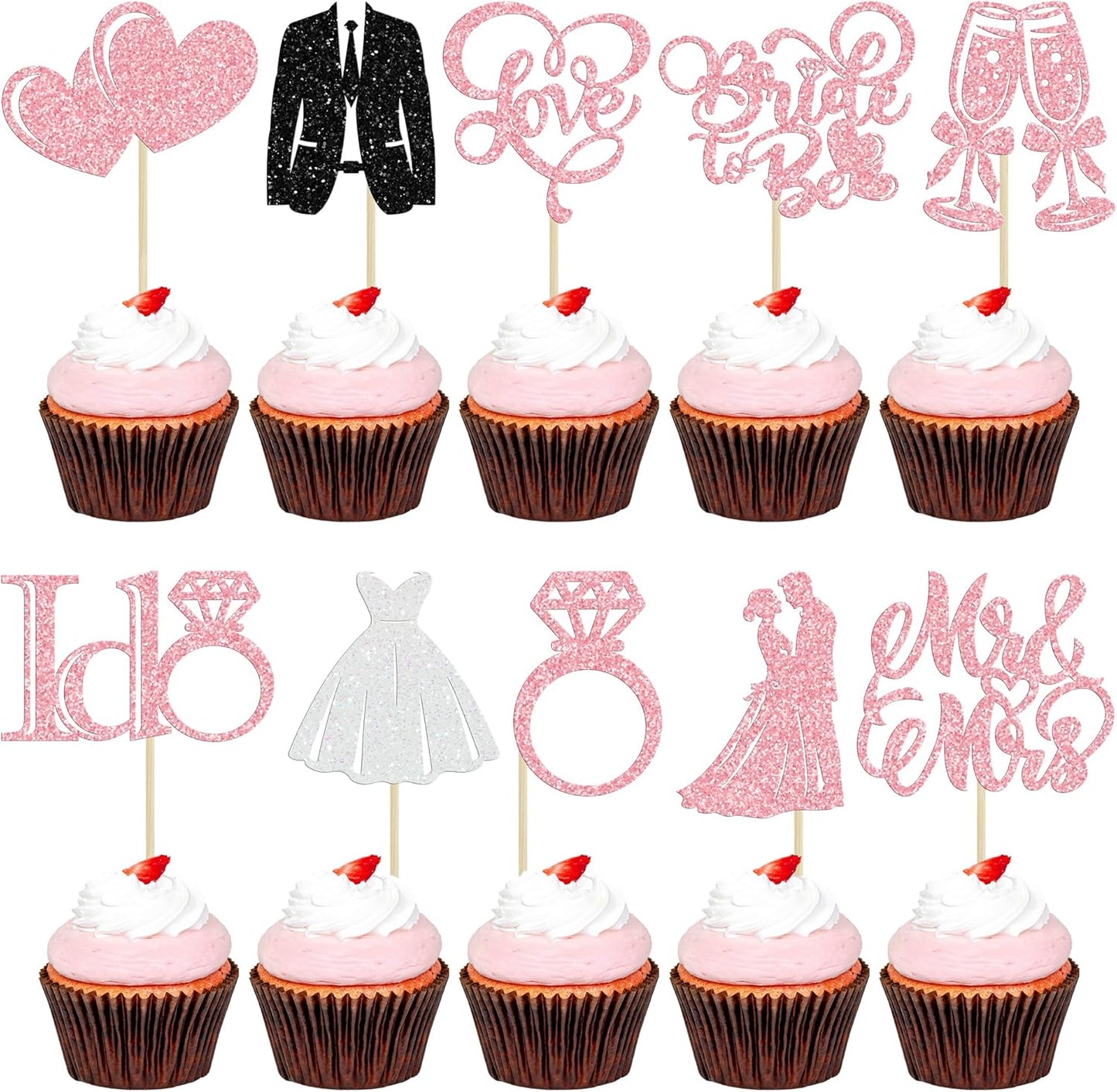 Gyufise 30Pcs Bride to Be Cupcake Toppers Glitter Diamond Ring I Do Love Cupcake Picks Miss to Mrs Bridal Shower Wedding Engagement Bachelorette Cake Decoration Pink