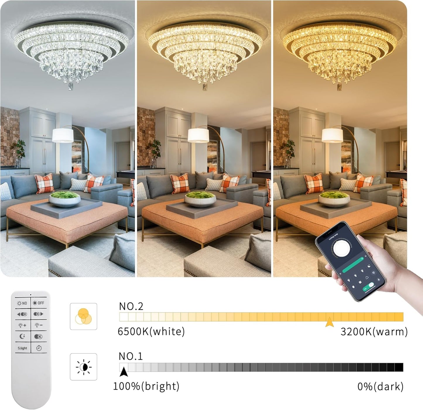 30 inch Crystal Gold Ceiling-Light Flush Mount with Remote Control and APP, 3CCT Dimmable & Brightness Adjustable, Modern Crystal Raindrop Chandeliers for Bedroom Hallway Dinning Room Living Room