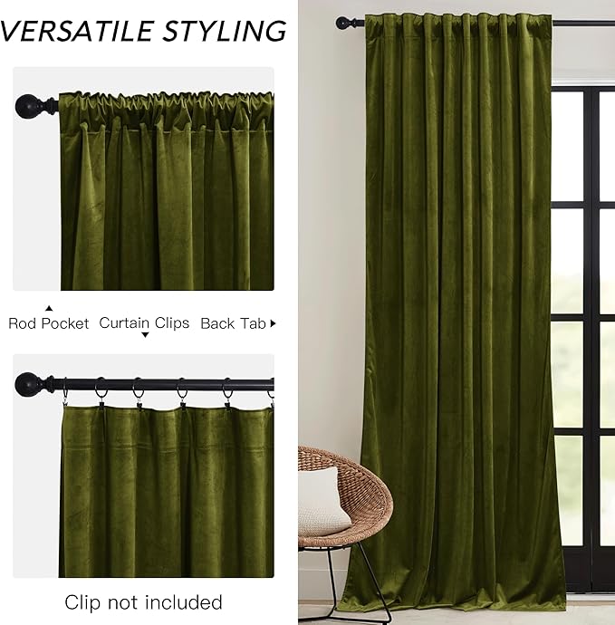 RYB HOME Moss Green Velvet Curtains 84 inches - Image 3
