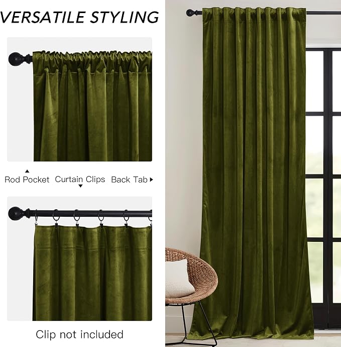 RYB HOME Moss Green Velvet Curtains 72 inches - Image 3