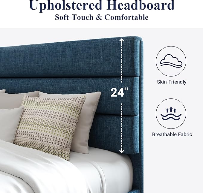 Allewie King Size Platform Bed Frame with Fabric Upholstered Headboard and Wooden Slats Support, Fully Upholstered Mattress Foundation/No Box Spring Needed/Easy Assembly, Navy Blue