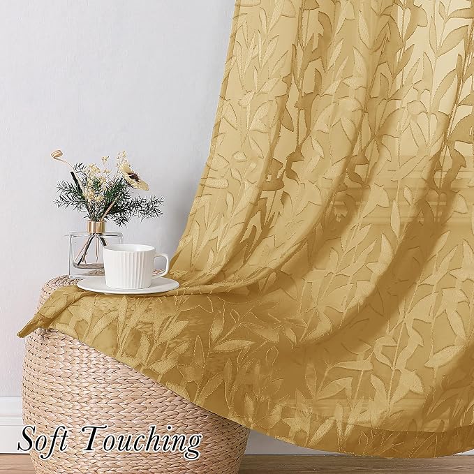 Lecloud Leia Dark Gold Sheer Curtains 96 Inches Long 2 Panels, Jacquard Leaf - Image 9
