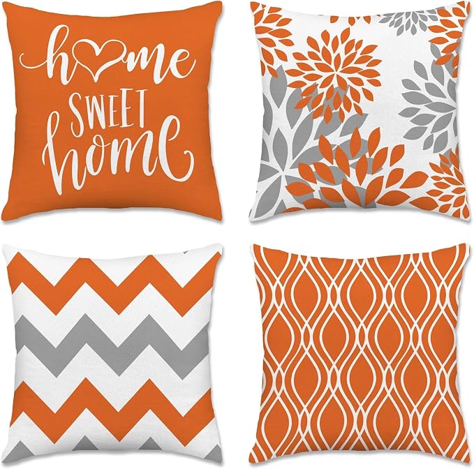 Hexagram Geometric Orange Pillow Covers 16x16 Set of 4, Decorative Outdoor Boho by Hexagram