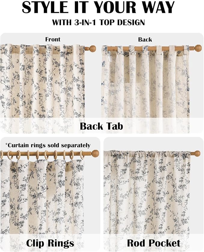 Lazzzy Black Floral Linen Curtains 90 Inch Farmhouse Back Tab Drapes - Image 4