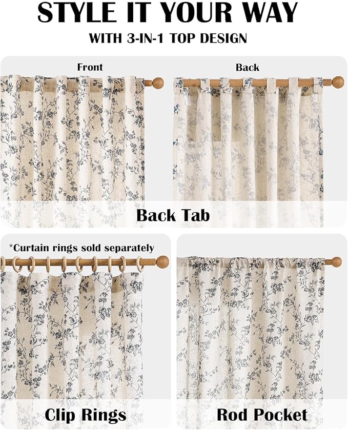 Lazzzy Black Floral Linen Curtains 63 Inch Farmhouse Back Tab Drapes - Image 4