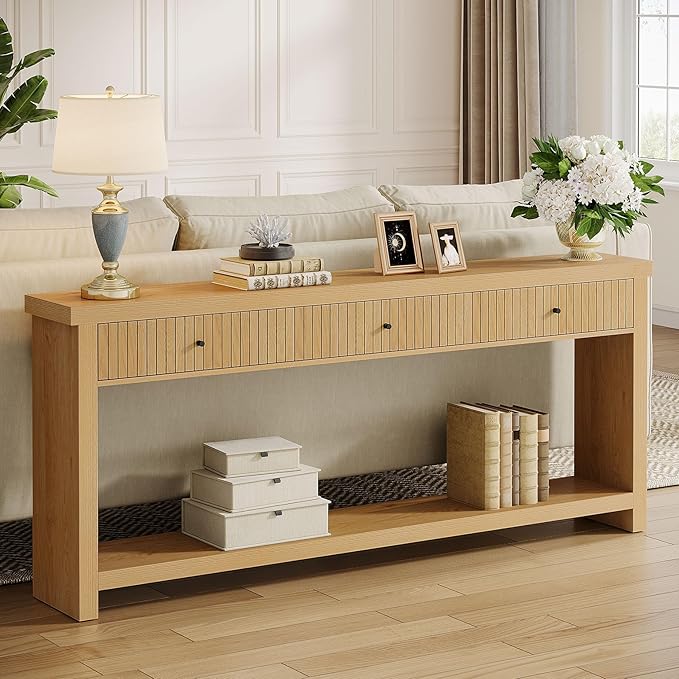 Tribesigns 70.9 inch Console Table with 3 Drawers, Extra Long Entryway Table, Wood Sofa Table Oak Furniture with Open Storage Shelves Wooden Couch Table Foyer Tables for Living Room Hallway Entrance